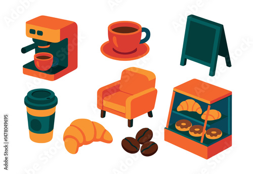Isometric flat vector set of illustrations of coffee shop items: coffee machine, espresso cup, menu board, croissant, takeaway cup, cozy chair, counter display, coffee beans.