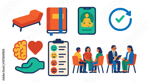 Isometric flat vector set of illustrations of mental health care: therapist couch, journal, meditation app, breathing exercise icon, brain and heart, mood tracker, support group, therapy session.