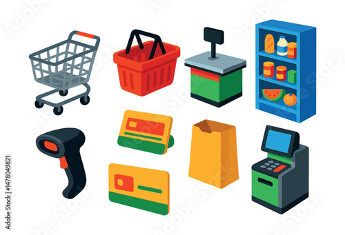 Isometric flat vector set of illustrations of grocery shopping: shopping cart, basket, checkout counter, food shelf, barcode scanner, loyalty card, paper bag, self-checkout machine.
