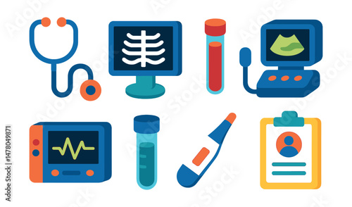 Isometric flat vector set of illustrations of medical diagnostics: stethoscope, x-ray screen, blood sample, ultrasound device, ECG monitor, lab test tube, thermometer, patient chart.