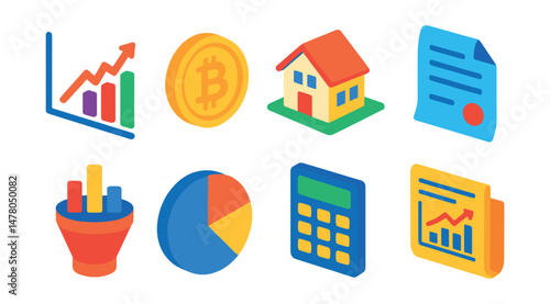 Isometric flat vector set of illustrations of financial investments: stock chart, crypto coin, real estate, bonds document, mutual fund, pie chart, investment calculator, financial news.
