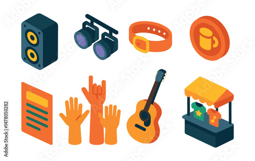 Isometric flat vector set of illustrations of music festival gear: portable speaker, stage lights, concert wristband, drink token, music schedule, crowd hands, acoustic guitar, merch stand.