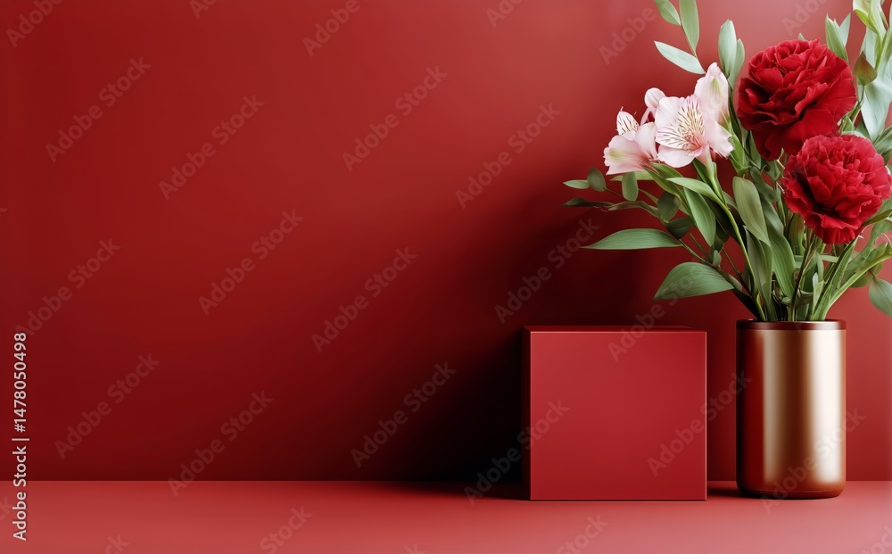 Decorative Arrangement of Flowers and Box on a Red Wall in a Modern Interior Setting