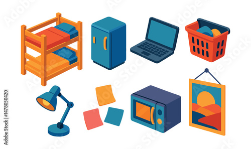 Isometric flat vector set of illustrations of student dorm life: bunk bed, mini fridge, laundry basket, laptop, study lamp, sticky notes, microwave, wall poster.