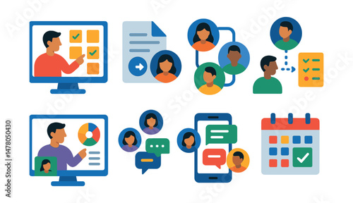 Isometric flat vector set of illustrations of remote team collaboration: virtual whiteboard, shared file, team avatar grid, brainstorming cloud, task delegation, screen share, group chat, calendar
