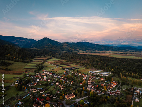 Obraz na płótnie Sunset over Liptov region with and High Tatras mountains around. Liptovsky Mikulas landscape, slovakia. w salonie
