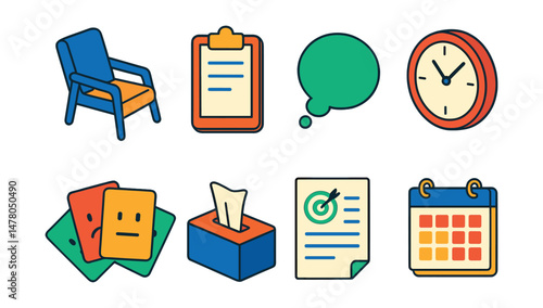 Isometric flat vector set of illustrations of therapy and counseling tools: therapy chair, clipboard, thought bubble, emotion cards, session clock, tissues box, goal setting page, calendar booking.
