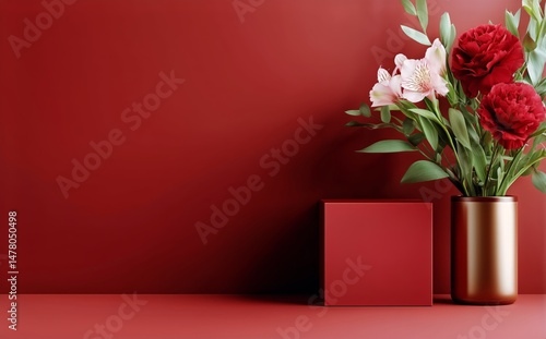 Obraz na płótnie Decorative Arrangement of Flowers and Box on a Red Wall in a Modern Interior Setting w salonie