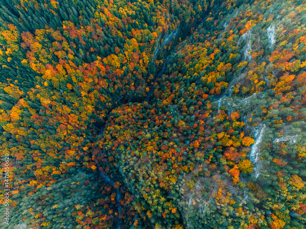 Sunset over Liptov region. Autumn Kvacianska walley deciduous forest view from above landspace, slovakia.