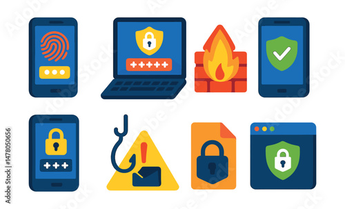 Isometric flat vector set of illustrations of personal cybersecurity: fingerprint login, 2FA screen, firewall alert, antivirus app, password manager, phishing warning, encrypted file, secure browser.