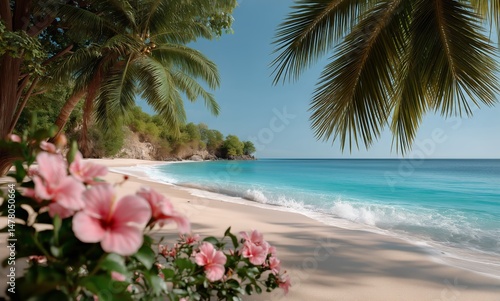 Tropical Beach With Waves and Pink Hibiscus Flowers Under Sunlight