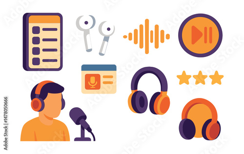Isometric flat vector set of illustrations of podcast listening: podcast playlist, wireless earbuds, voice waveform, play/pause button, podcast host, episode preview, headphone icon, review stars.