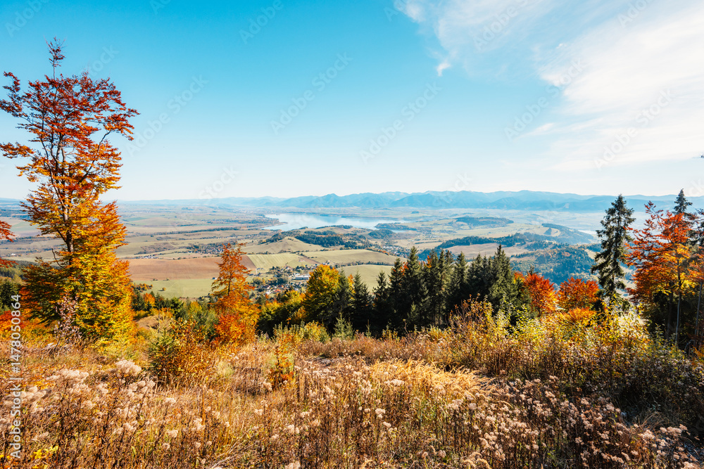 Liptov region Hiking in Tatras mountains to autumn cerenova rock view near Liptovsky Mikulas , slovakia.