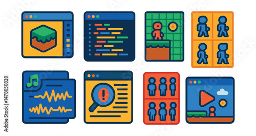 Isometric flat vector set of illustrations of indie game development: pixel art editor, code window, level design grid, sprite sheet, sound effects file, debug tool, character mockup, playtest screen