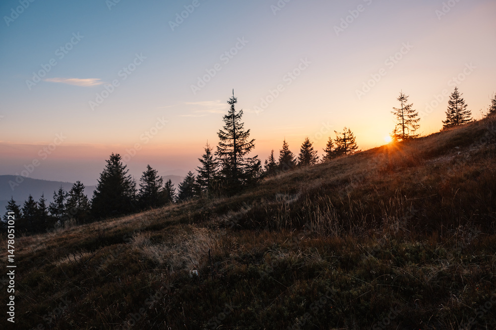 Sunset over Liptov region in Low Tatras mountains. Lajstoch near certovica pass landspace, slovakia.