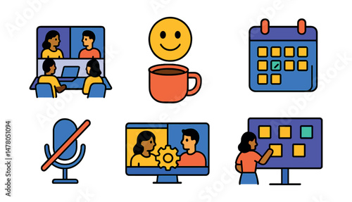 Isometric flat vector set of illustrations of virtual coworking platforms: coworking room, coffee break emoji, task bubble, calendar sync, mic mute icon, collaboration screen, focus timer, shared