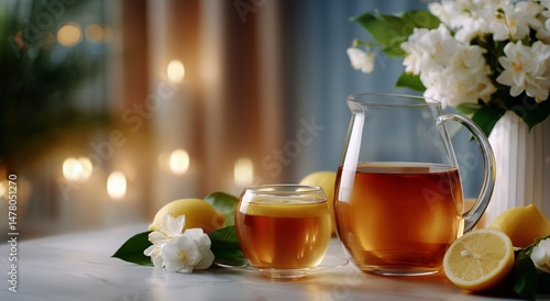 Obraz na płótnie Warm Tea With Lemon and Flowers in a Cozy Setting During Evening w salonie