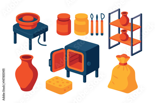 Isometric flat vector set of illustrations of handmade pottery: clay wheel, glaze jars, sculpting tools, drying rack, handmade vase, pottery kiln, sponge, clay bag.