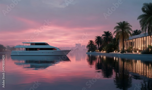 Luxury Yacht Anchored at Dawn in a Tranquil Lagoon With Palm Trees and Misty ...