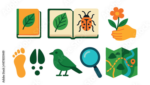 Isometric flat vector set of illustrations of nature journaling: field notebook, leaf sketch, insect drawing, flower observation, tracking symbols, bird silhouette, magnifier, nature trail map.