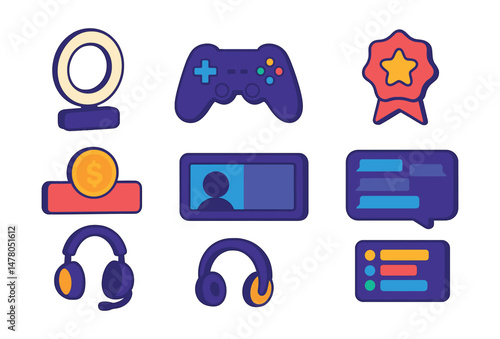 Isometric flat vector set of illustrations of video game streaming: webcam with ring light, controller, donation alert, subscriber badge, stream overlay, chat window, gaming headset, leaderboard.