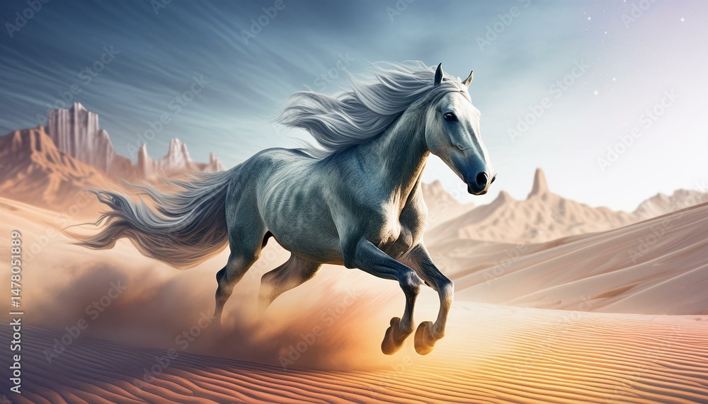 Fototapeta premium horse run gallop in desert sand against blue sky