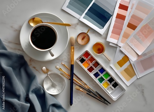 Art Supplies and a Coffee Cup Arranged Neatly on a Marble Table During Mornin...