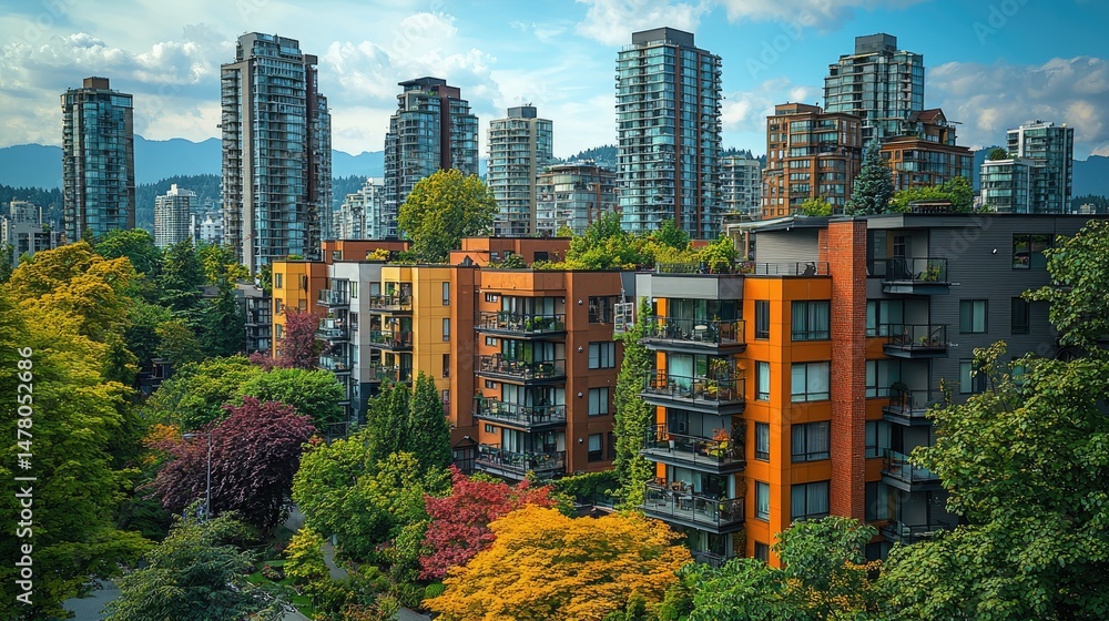 Obraz premium Vibrant urban landscape showcasing colorful buildings amidst lush greenery