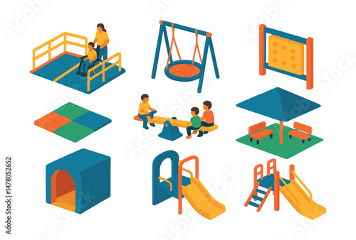 Isometric flat vector set of illustrations of inclusive playground features: wheelchair ramp, sensory swing, braille panel, soft ground tiles, group seesaw, shaded rest area, quiet space, accessible