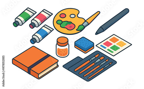 Isometric flat vector set of illustrations of modern art supplies: acrylic paint tubes, blending palette, digital stylus, sketchbook, pigment powder, texture sponge, brush kit, color mixing chart.