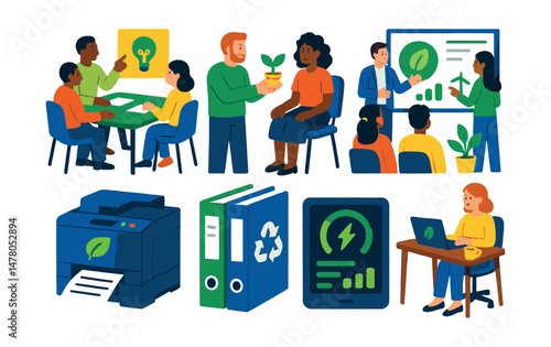 Isometric flat vector set of illustrations of eco startup workspace: team brainstorm, green product sample, pitch meeting, climate mission wall, eco printer, recyclable folders, energy monitor,