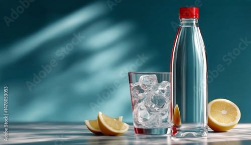 Obraz na płótnie Refreshing Water With Lemon and Ice in a Bright Setting w salonie