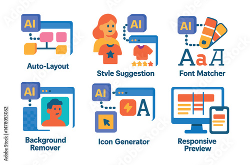 Isometric flat vector set of illustrations of AI-based design tools: auto-layout, style suggestion, brand color sync, font matcher, background remover, icon generator, smart align, responsive preview