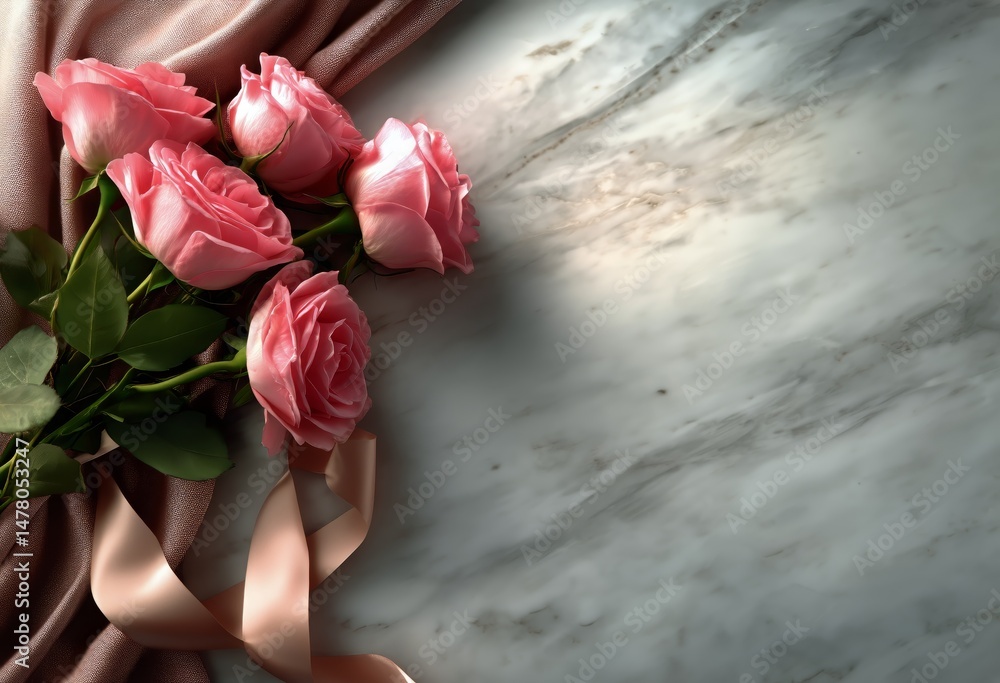 Elegant Arrangement of Pink Roses in a Vase on a Marble Surface With Soft Lighting