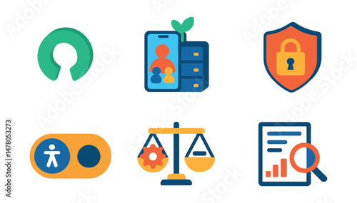 Isometric flat vector set of illustrations of ethical tech solutions: open source logo, inclusive UI icon, low-energy server, privacy commitment badge, accessibility toggle, fair algorithm icon,