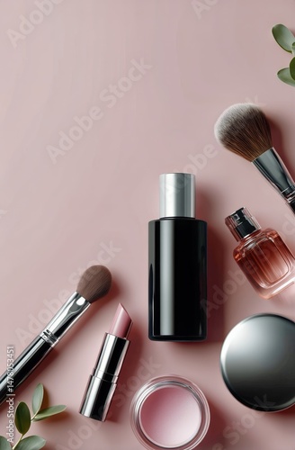 Cosmetic Products and Tools Arranged on a Light Pink Background