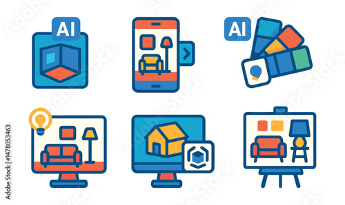 Isometric flat vector set of illustrations of AI-assisted home design: room scanner, smart decor planner, furniture placement tool, color match feature, lighting simulation, 3D model export, AR