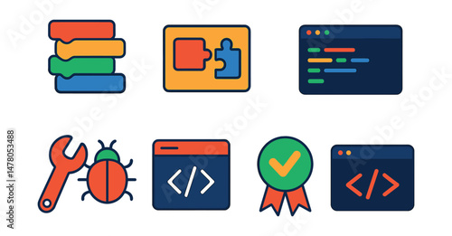 Isometric flat vector set of illustrations of coding for beginners: drag-and-drop blocks, logic puzzle card, syntax highlight bar, output console, debug tool icon, lesson tab, progress badge, code