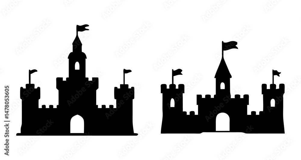 Obraz premium A Sat of Castle silhouette, medieval fortress outline for fairytale design, fantasy art, storybook illustration with white background