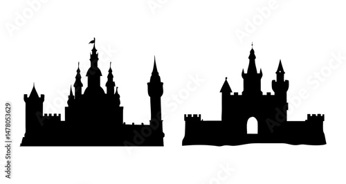 A Sat of Castle silhouette, medieval fortress outline for fairytale design, fantasy art, storybook illustration with white background