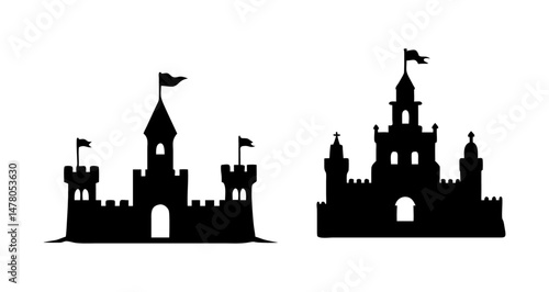A Sat of Castle silhouette, medieval fortress outline for fairytale design, fantasy art, storybook illustration with white background