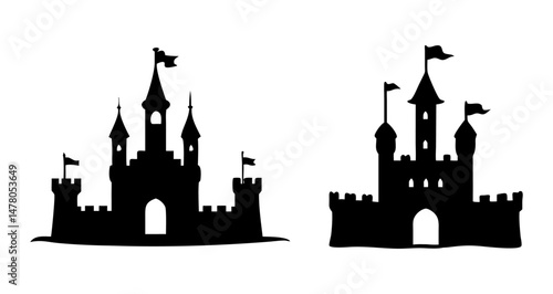 A Sat of Castle silhouette, medieval fortress outline for fairytale design, fantasy art, storybook illustration with white background