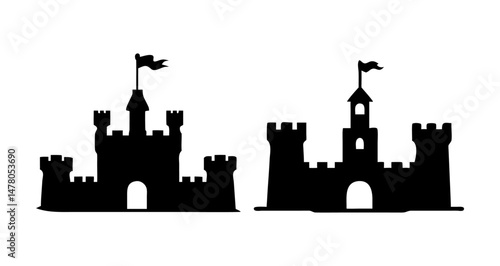 A Sat of Castle silhouette, medieval fortress outline for fairytale design, fantasy art, storybook illustration with white background