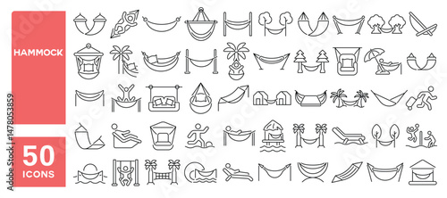 Set of 50 line icons related to hammock, swing, comfort, relaxation, vacation, picnic, rest, Editable stroke. Vector illustration