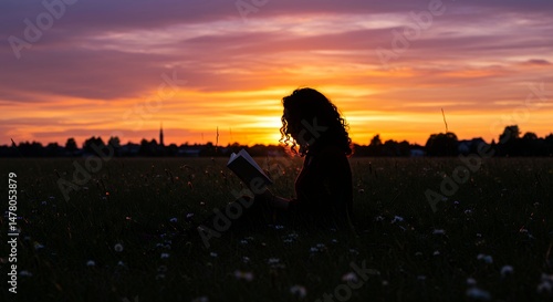 Woman Reading Book Silhouette Sunset Field