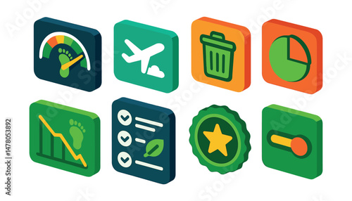 Isometric flat vector set of illustrations of digital eco footprint monitor: energy usage gauge, travel carbon tab, daily waste icon, diet impact ring, footprint trend chart, action recommendation