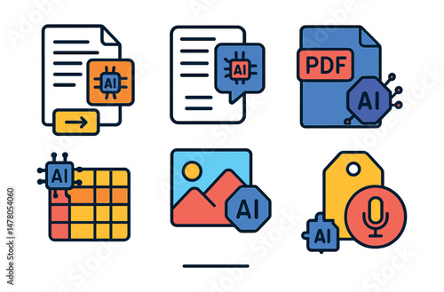 Isometric flat vector set of illustrations of AI-assisted research tools: citation generator, abstract summarizer, PDF reader icon, data table builder, image recognizer, research note tag, topic
