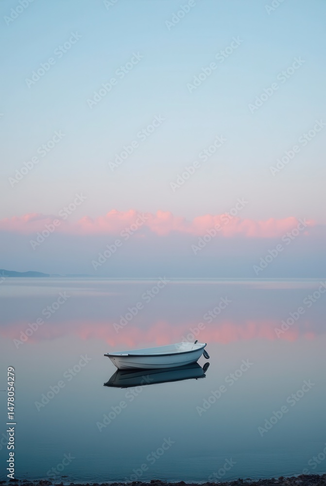 Naklejka premium Boat on the lake in the sunset with reflection in the water