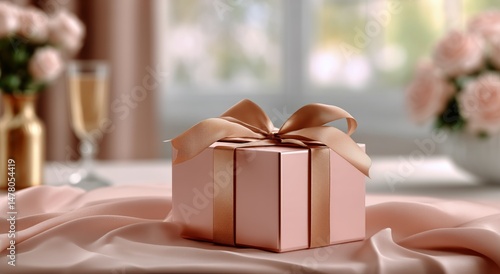 Gift Box With Ribbon on a Soft Fabric Surface in a Cozy, Decorated Room Near ...