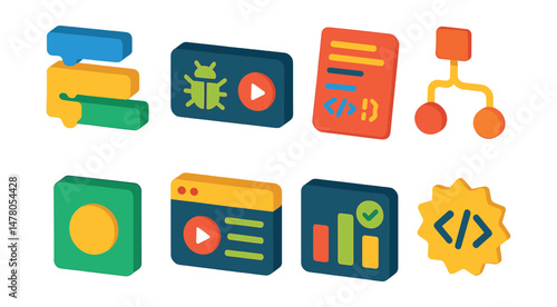 Isometric flat vector set of illustrations of beginner-friendly coding tools: drag-and-drop blocks, debug button, syntax guide, logic path icon, variable tile, step-by-step tutorial tab, test result